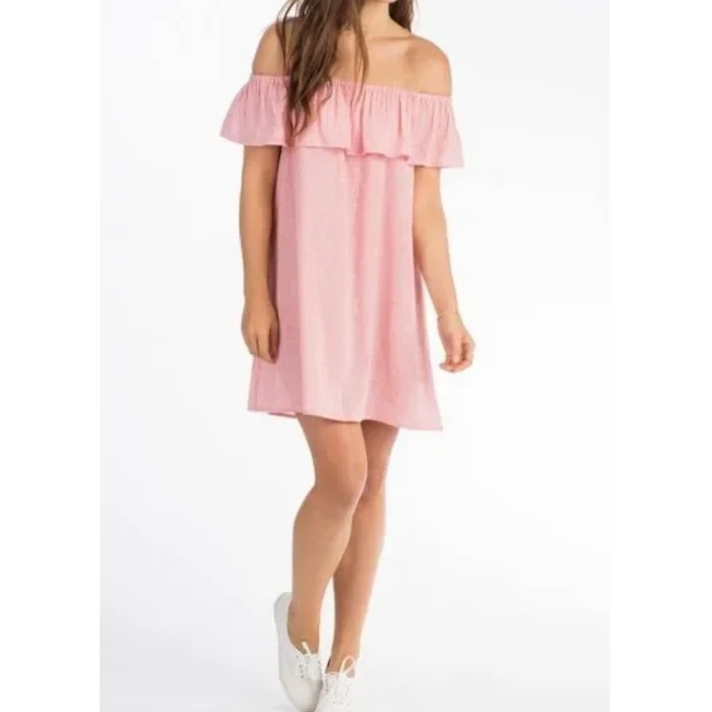 Faherty Saylor Dress Linen Stripe‎ Coral Pink Cotton Off Shoulder Ruffle NWT Lrg